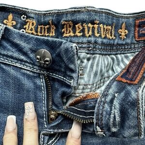 Rock Revival Sz 28 Studded Leather Applique Distressed‎ Liberty Boot Denim Jeans